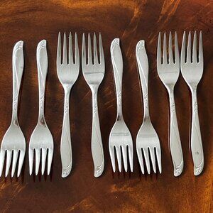 8 Vintage Insico Salad Forks Stainless Flatware Woodlore Interntional Silver